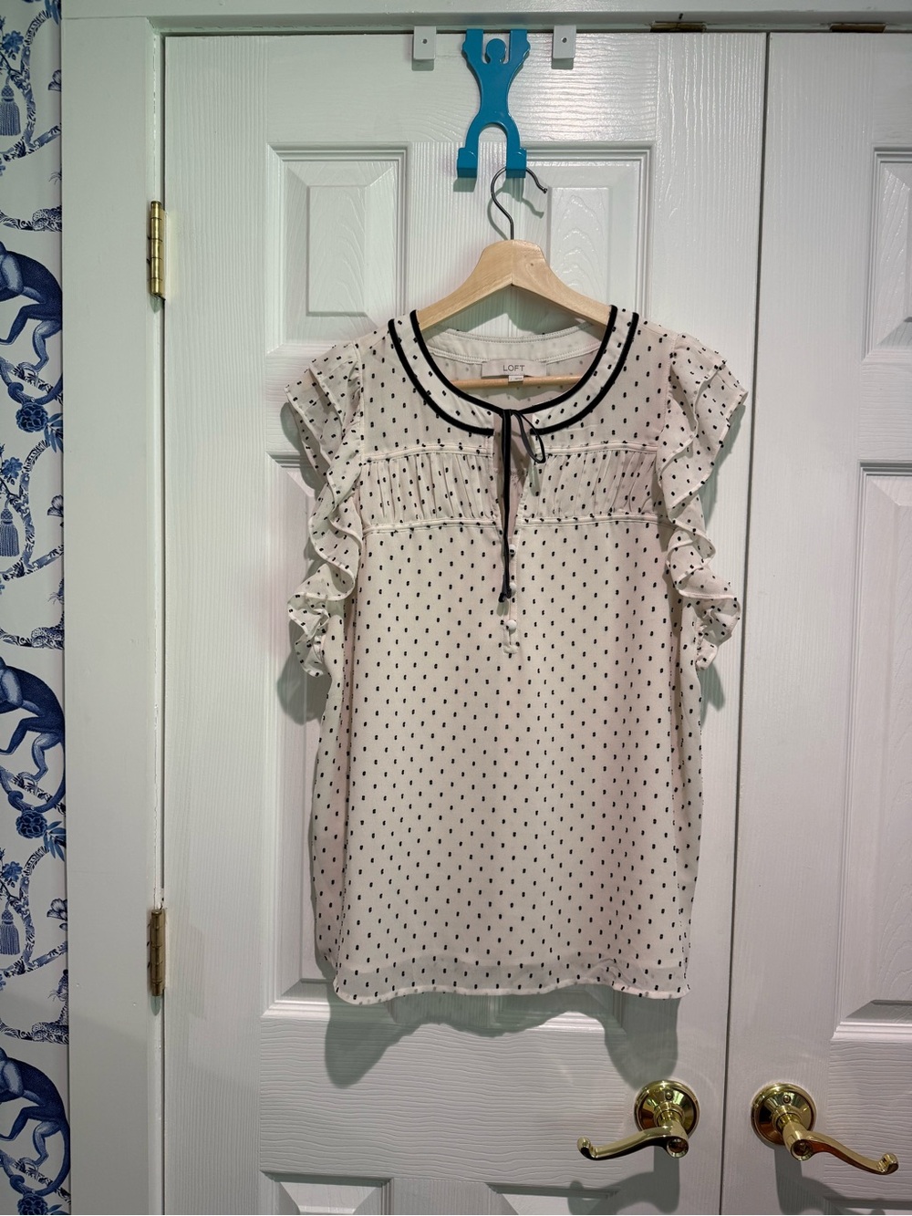 LOFT Cream Polka Dot Ruffle blouse with Black Trim